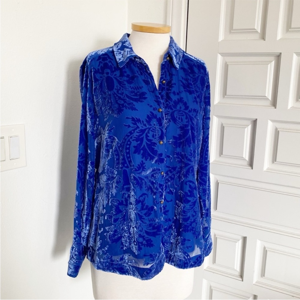 NWT Soft Surroundings Floreat Velvet Shirt Sapphire Blue Button Down Top Medium - Picture 8 of 16